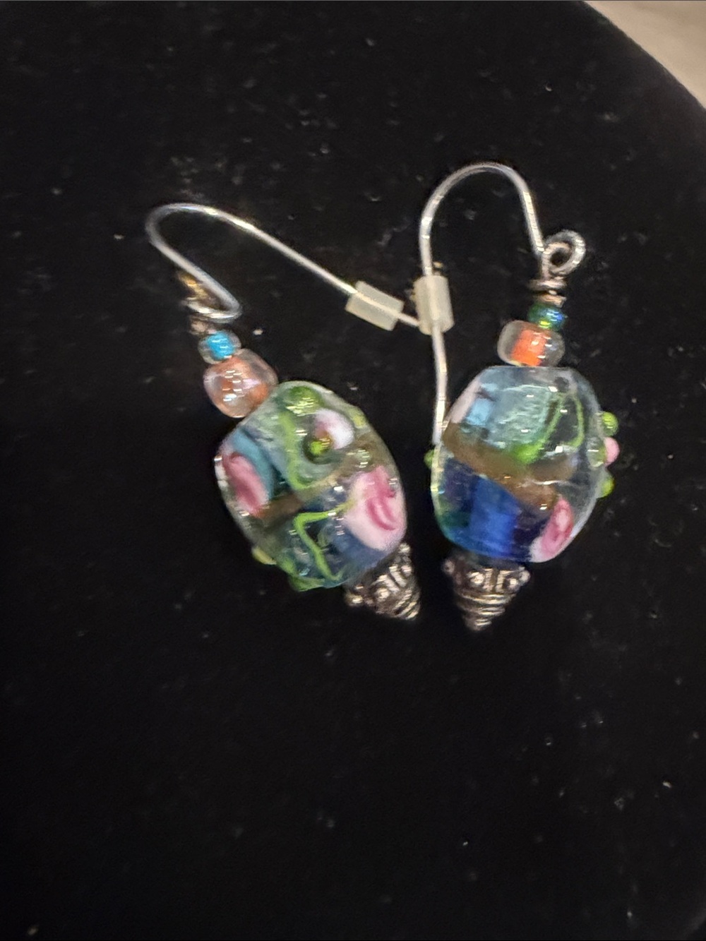 Handmade Multicolor Lampwork Glass Floral Dangle Earrings